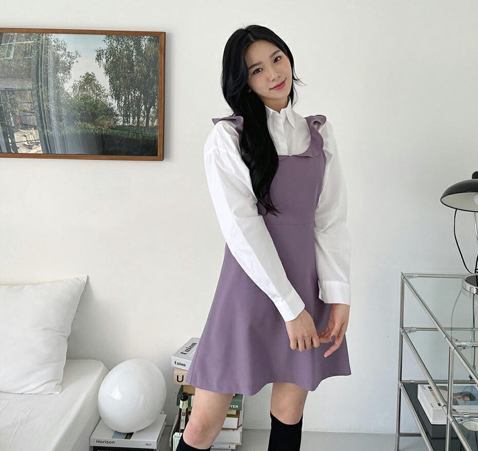 ショルダーフリルミニワンピース・全3色・t63347 レディース 【ops】【韓国 ファッション ワンピース ミニ ミニワンピース カジュアル ラブリー ノースリーブ スリム フリル ウエストリボン ガーリー 体型カーバー レイヤード 秋 春】【NIJU】