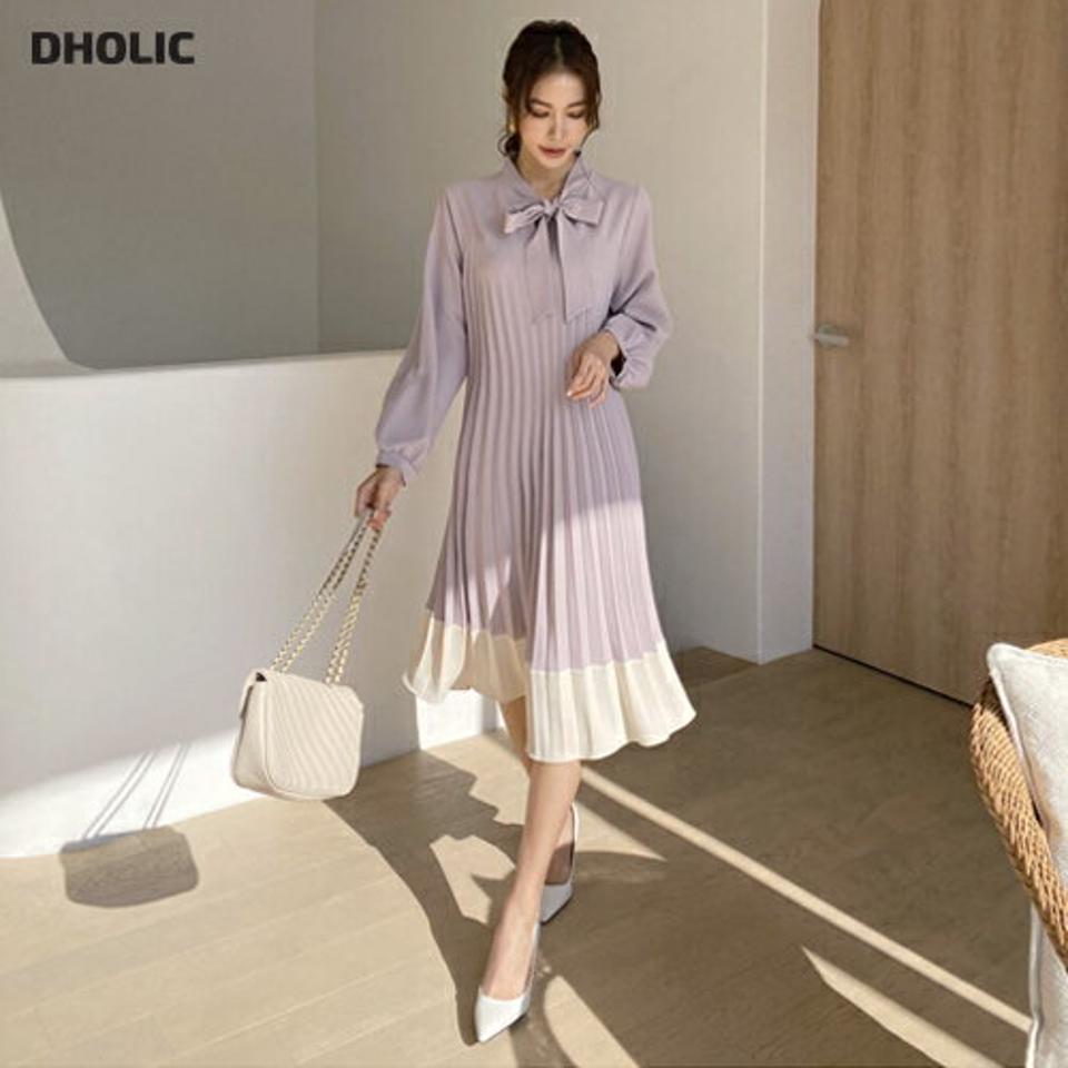 【只今10%OFF】配色リボンプリーツワンピース・全3色・b67185 レディース 【ops】【ワンピース ロング ロングワンピース プリーツ プリーツワンピース リボン りぼん 配色 長袖 フェミニン 可愛い かわいい 春 秋 韓国 ファッション】【ハイホリHIHOLLI】