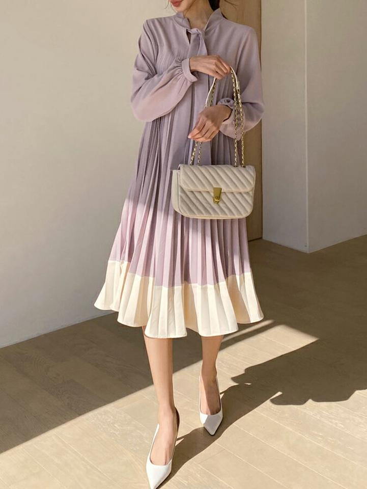 【只今10%OFF】配色リボンプリーツワンピース・全3色・b67185 レディース 【ops】【ワンピース ロング ロングワンピース プリーツ プリーツワンピース リボン りぼん 配色 長袖 フェミニン 可愛い かわいい 春 秋 韓国 ファッション】【ハイホリHIHOLLI】