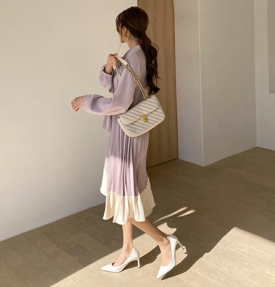 【只今10%OFF】配色リボンプリーツワンピース・全3色・b67185 レディース 【ops】【ワンピース ロング ロングワンピース プリーツ プリーツワンピース リボン りぼん 配色 長袖 フェミニン 可愛い かわいい 春 秋 韓国 ファッション】【ハイホリHIHOLLI】