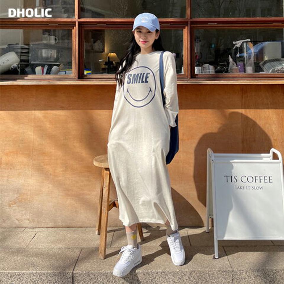 スマイルポケットワンピース・全4色・t63350 レディース 【ops】【韓国 ファッション ワンピース ロング ロングワンピース カジュアル フェミニン ラウンドネック スマイル プリント サイドポケット Hライン ルーズ スリム 体型カバー 秋 春】【NIJU】