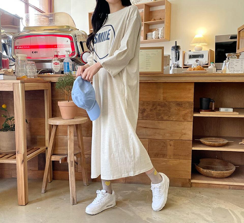 スマイルポケットワンピース・全4色・t63350 レディース 【ops】【韓国 ファッション ワンピース ロング ロングワンピース カジュアル フェミニン ラウンドネック スマイル プリント サイドポケット Hライン ルーズ スリム 体型カバー 秋 春】【NIJU】