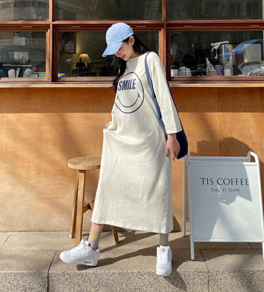 スマイルポケットワンピース・全4色・t63350 レディース 【ops】【韓国 ファッション ワンピース ロング ロングワンピース カジュアル フェミニン ラウンドネック スマイル プリント サイドポケット Hライン ルーズ スリム 体型カバー 秋 春】【NIJU】