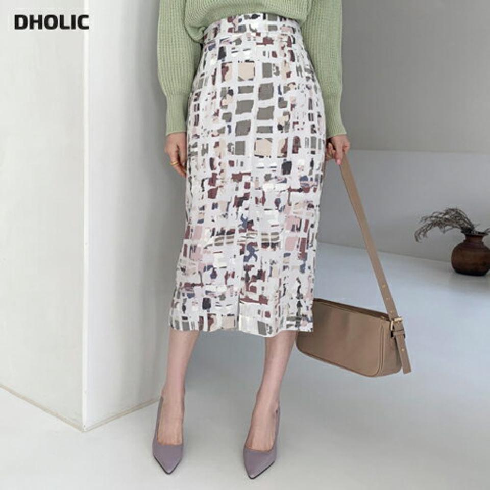 【只今10%OFF】ジオメトリックパターンスカート・全2色・b67209 レディース 【sk】【スカート ミディ丈 ミディスカート ジオメトリック 総柄 モダン シック かっこいい クール 大人 スリット Hライン 春 秋 韓国 ファッション】【ハイホリHIHOLLI】