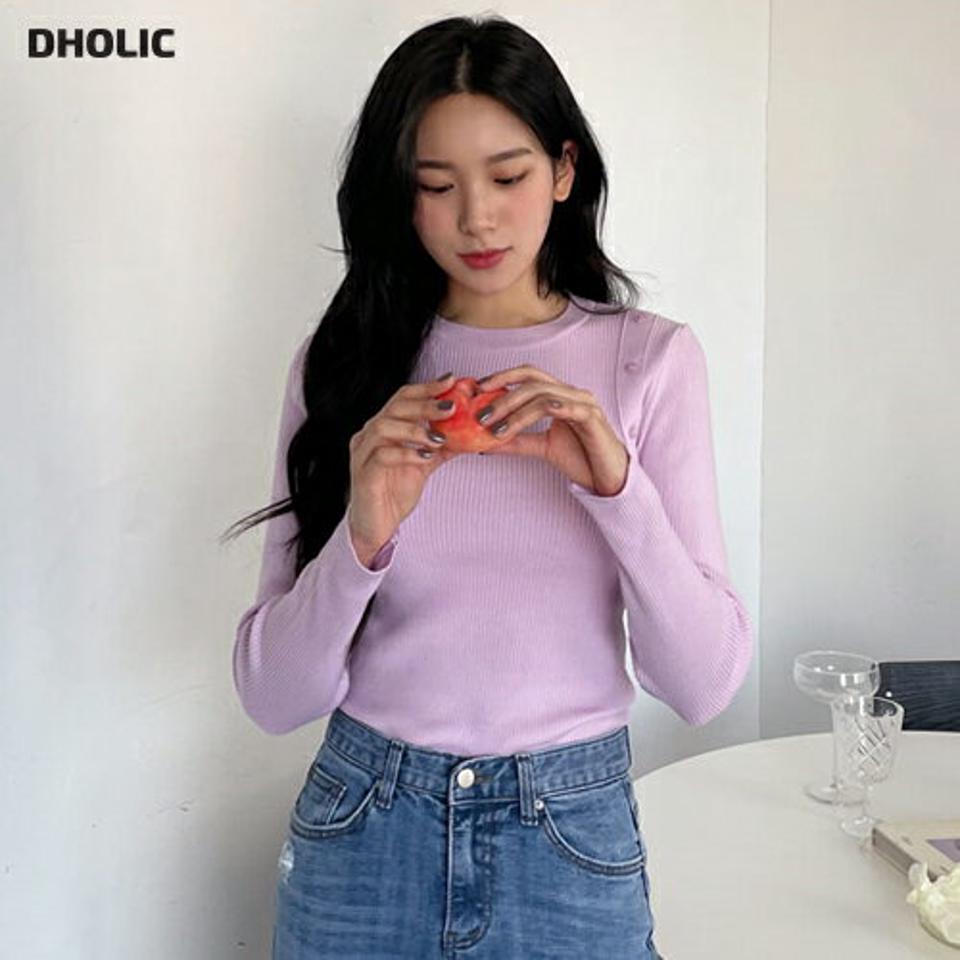 フェイクボタンニット・全5色・t63342 レディース 【tops】【韓国 ファッション トップス ニット 長袖 スリム リブニット ラウンドネック フィット フェイクボタン 細身 体型カーバー ガーリー デイリー カジュアル 秋 春】【NIJU】