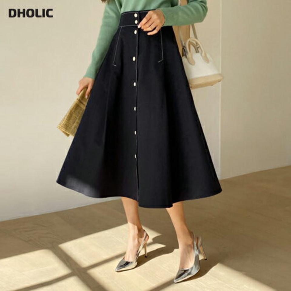 ステッチボタンスカート・全2色・b67210 レディース 【sk】【スカート ミディ丈 ミディスカート ステッチ 単色 無地 シンプル 大人 Aライン カジュアル フレア フレアスカート 春 秋 韓国 ファッション】【ハイホリHIHOLLI】