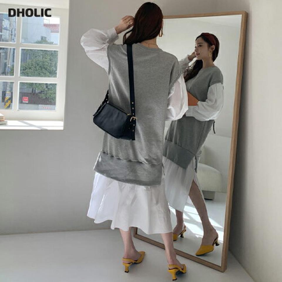 レイヤード風配色ワンピース・全2色・b67191 レディース 【ops】【ワンピース ミディ丈 ミディワンピース ロング レイヤード風 配色 長袖 大人 カジュアル 春 秋 韓国 ファッション】【ハイホリHIHOLLI】