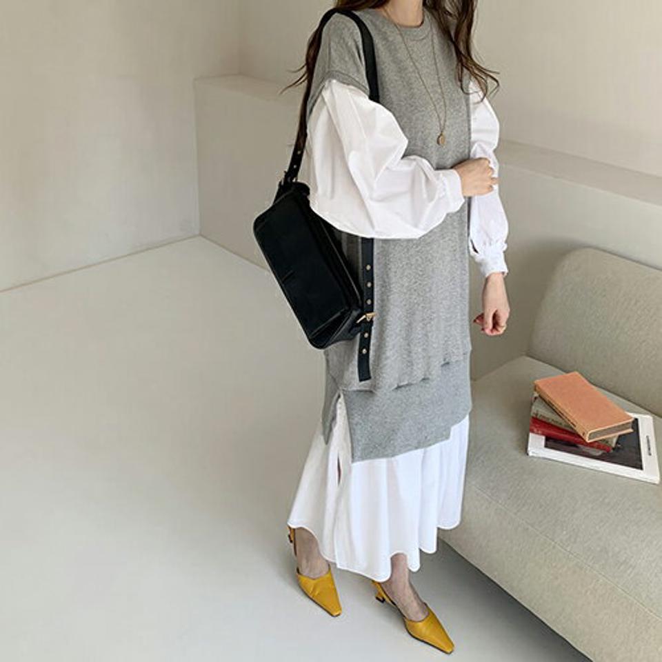 レイヤード風配色ワンピース・全2色・b67191 レディース 【ops】【ワンピース ミディ丈 ミディワンピース ロング レイヤード風 配色 長袖 大人 カジュアル 春 秋 韓国 ファッション】【ハイホリHIHOLLI】