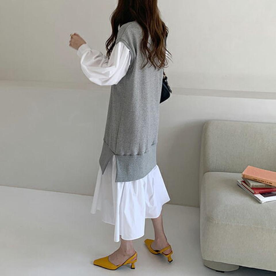 レイヤード風配色ワンピース・全2色・b67191 レディース 【ops】【ワンピース ミディ丈 ミディワンピース ロング レイヤード風 配色 長袖 大人 カジュアル 春 秋 韓国 ファッション】【ハイホリHIHOLLI】