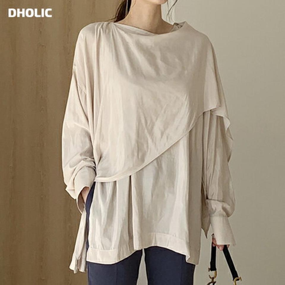 アンバランスディテールブラウス・全2色・t67188 レディース 【bl】【トップス ブラウス アンバランス ユニーク シンプル 単色 無地 大人 カジュアル 長袖 ラフ 春 秋 韓国 ファッション】【ハイホリHIHOLLI】