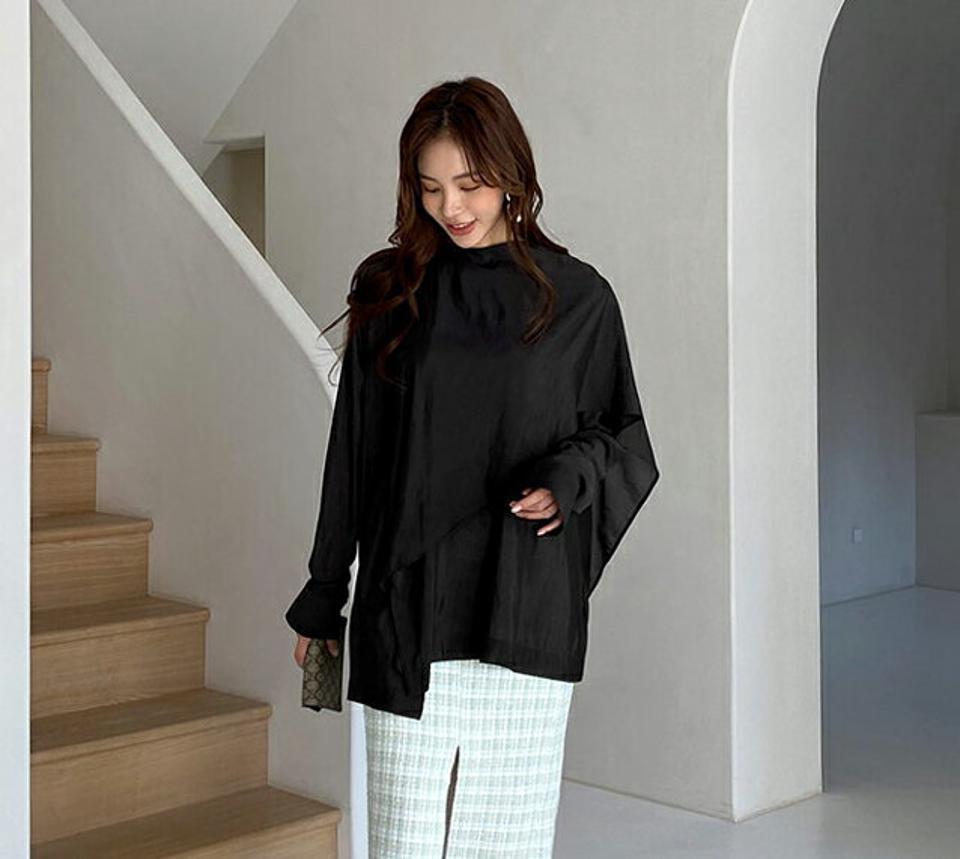 アンバランスディテールブラウス・全2色・t67188 レディース 【bl】【トップス ブラウス アンバランス ユニーク シンプル 単色 無地 大人 カジュアル 長袖 ラフ 春 秋 韓国 ファッション】【ハイホリHIHOLLI】