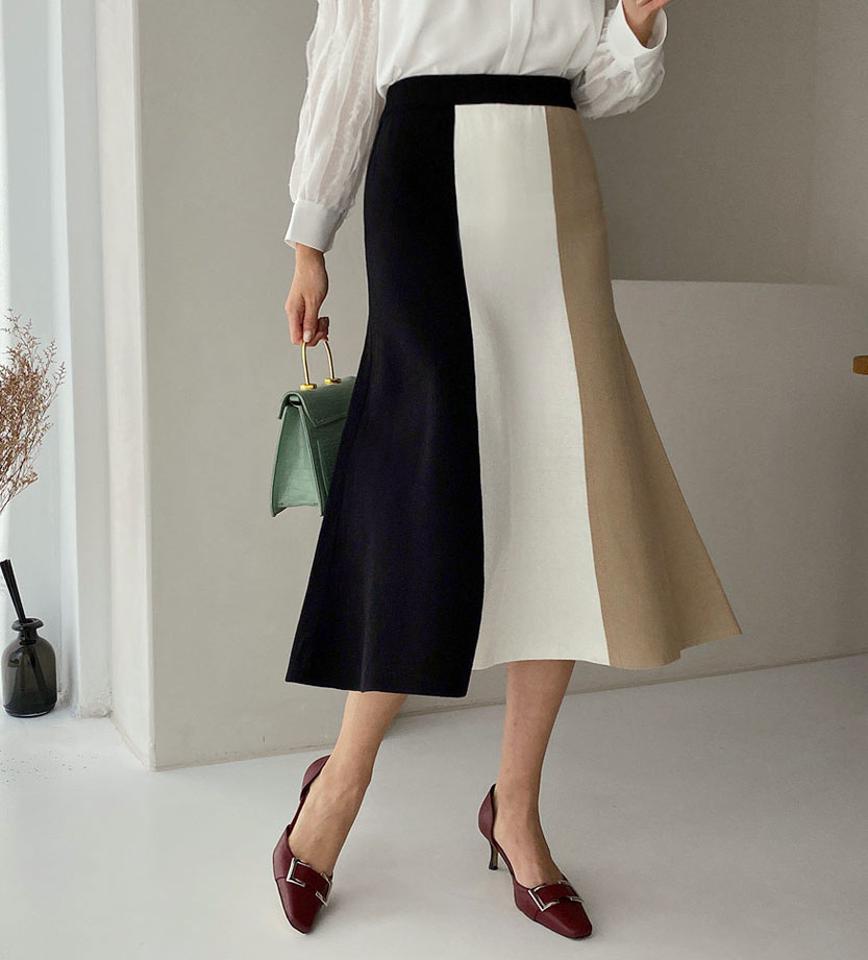 配色ニットスカート・全2色・t67213 レディース 【sk】【スカート ニット ニットスカート ロング ロングスカート 配色 ウエストゴム フレア フレアスカート 春 秋 冬 韓国 ファッション】【ハイホリHIHOLLI】
