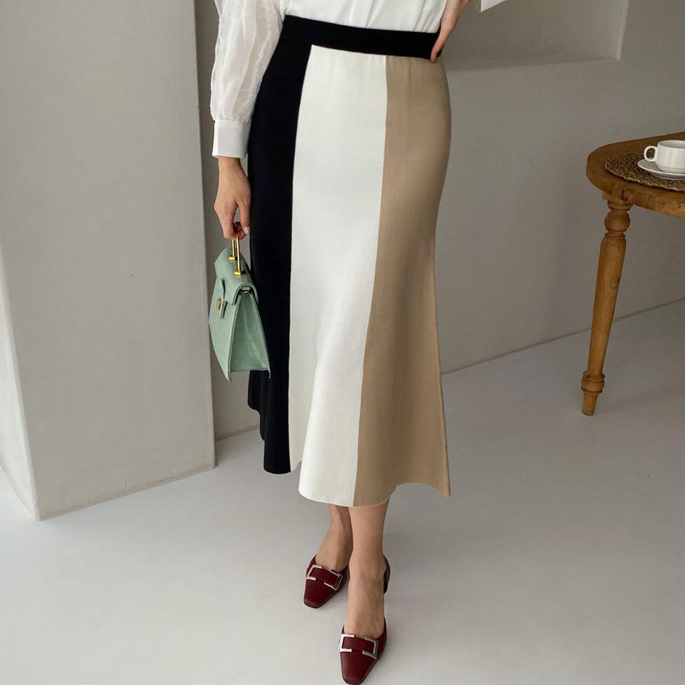 配色ニットスカート・全2色・t67213 レディース 【sk】【スカート ニット ニットスカート ロング ロングスカート 配色 ウエストゴム フレア フレアスカート 春 秋 冬 韓国 ファッション】【ハイホリHIHOLLI】