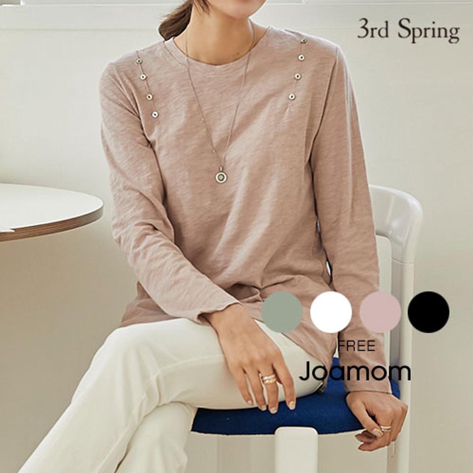 JOAMOM(ジョアマム)ボタンスラブカットソー【3/12up_go】【メール便】韓国 韓国ファッション　トップス 春 tシャツ カットソー 長袖 ロンt ボタン スラブ シンプル 無地 レディース ファッション【予】