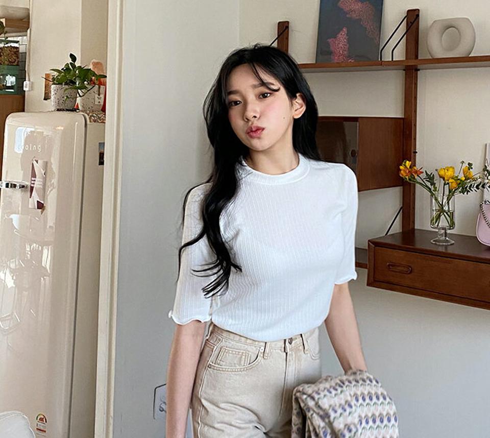 ラウンドウェーブTシャツ・全5色・t63459 レディース 【tops】【韓国 ファッション トップス Tシャツ 半袖 ラウンドネック ウェーブ 夏 スリム フィット 細身 デイリー カジュアル 体型カーバー 秋 春】【NIJU】