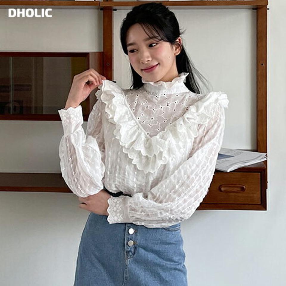 花柄レースフリルブラウス・全1色・t63464 レディース 【bl】 韓国 ファッション トップス ブラウス 長袖 ハーフネック 花柄 フラワー フローラル レース フリンジ バックボタン フリル 上品 ガーリー カジュアル 体型カバー デイリー 秋 春 NIJU fw