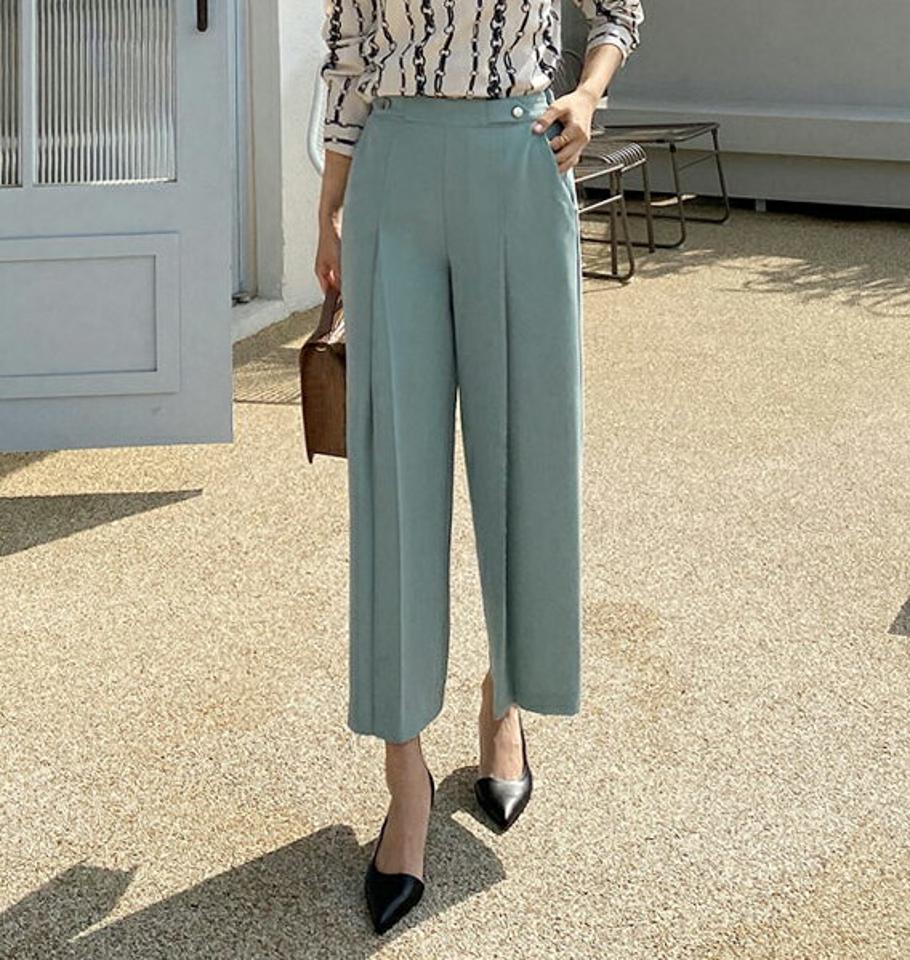 シルバーボタンワイドパンツ・全4色・b67317 レディース 【pt】【パンツ ズボン ロングパンツ ワイド ワイドパンツ クロップド丈 単色 大人 きれいめ 春 秋 韓国 ファッション】【ハイホリHIHOLLI】