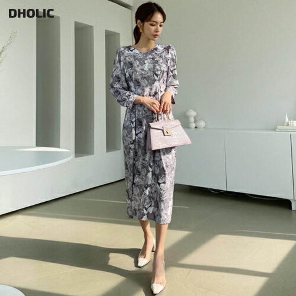 タックプリントワンピース・全2色・b67313 レディース 【ops】【ワンピース ロング ロングワンピース 長袖 シック モダン クール 総柄 プリント 大人 春 秋 韓国 ファッション】【ハイホリHIHOLLI】