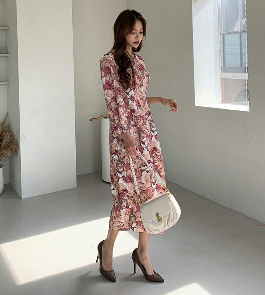 タックプリントワンピース・全2色・b67313 レディース 【ops】【ワンピース ロング ロングワンピース 長袖 シック モダン クール 総柄 プリント 大人 春 秋 韓国 ファッション】【ハイホリHIHOLLI】