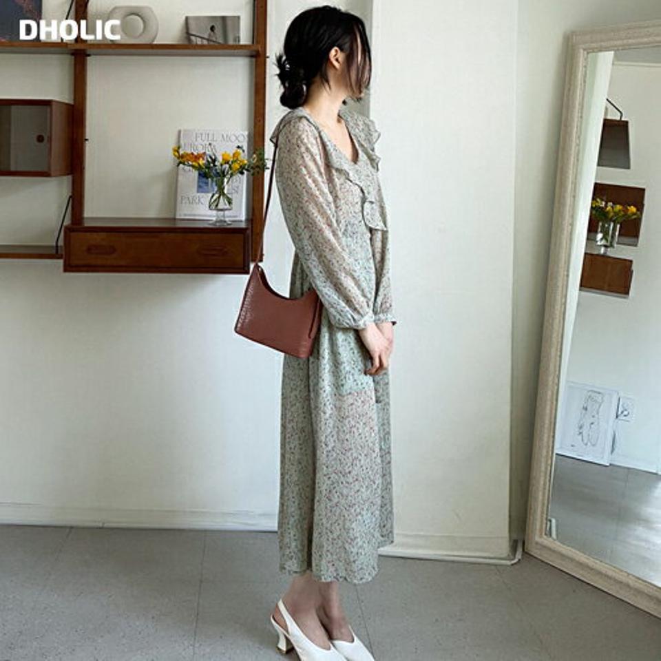 フリルフローラルワンピース・全2色・t64891 レディース 【ops】【韓国 ファッション ワンピース ロング ロングワンピース カジュアル Vネック フリル フローラル 花柄 カシュクール ウエストリボン ストリング フェミニン 細身 体型カバー 秋 春】【fw】