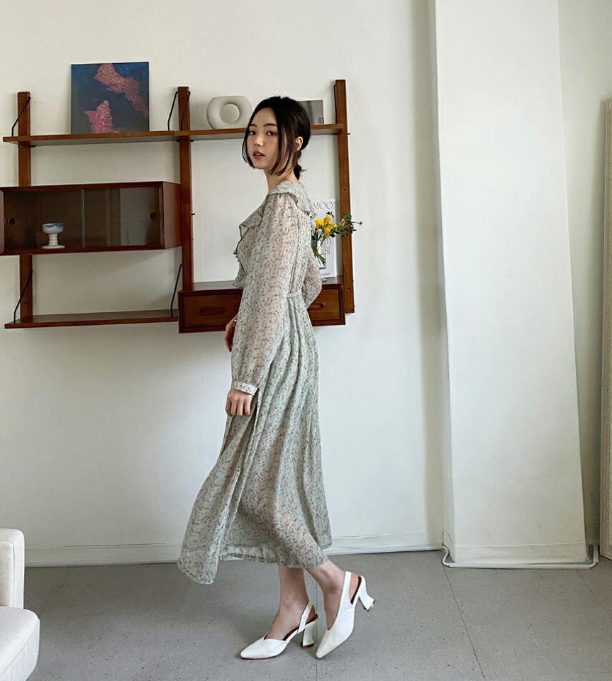 フリルフローラルワンピース・全2色・t64891 レディース 【ops】【韓国 ファッション ワンピース ロング ロングワンピース カジュアル Vネック フリル フローラル 花柄 カシュクール ウエストリボン ストリング フェミニン 細身 体型カバー 秋 春】【fw】