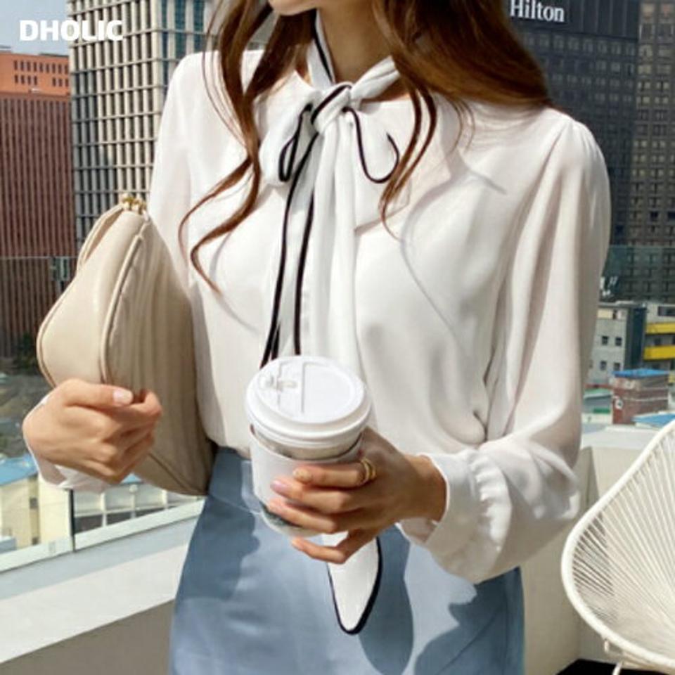 配色ストラップ付ブラウス・全2色・t67310 レディース 【bl】【トップス ブラウス 長袖 ストラップ 配色 リボン りぼん フェミニン 大人 モダン オフィスカジュアル 春 秋 韓国 ファッション】【ハイホリHIHOLLI】