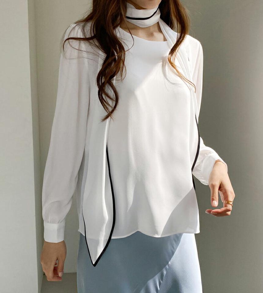 配色ストラップ付ブラウス・全2色・t67310 レディース 【bl】【トップス ブラウス 長袖 ストラップ 配色 リボン りぼん フェミニン 大人 モダン オフィスカジュアル 春 秋 韓国 ファッション】【ハイホリHIHOLLI】
