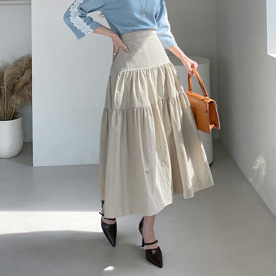 バックゴムティアードスカート・全4色・t67314 レディース 【sk】【スカート ロング ロングスカート ティアード シンプル フェミニン 可愛い かわいい 春 秋 韓国 ファッション】【ハイホリHIHOLLI】