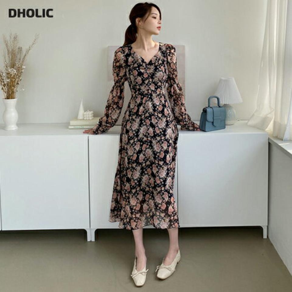 ギャザー花柄シフォンワンピース・全2色・b67305 レディース 【ops】【ワンピース ロング ロングワンピース 長袖 シフォン 花柄 フラワー ギャザー モダン シック Vネック デコルテ 鎖骨 韓国 ファッション】【ハイホリHIHOLLI】【fw】
