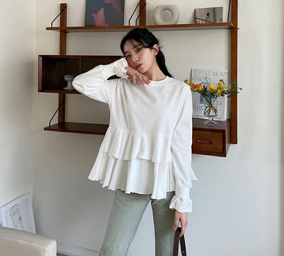 ラウンドフリルスウェット・全3色・b63463 レディース 【tops】韓国 ファッション トップス スウェット 長袖 ラウンドネック ラブリー フリル ティアード フリル袖 ルーズ ゆったり デイリー ベーシック カジュアル 無地 秋 春 NIJU