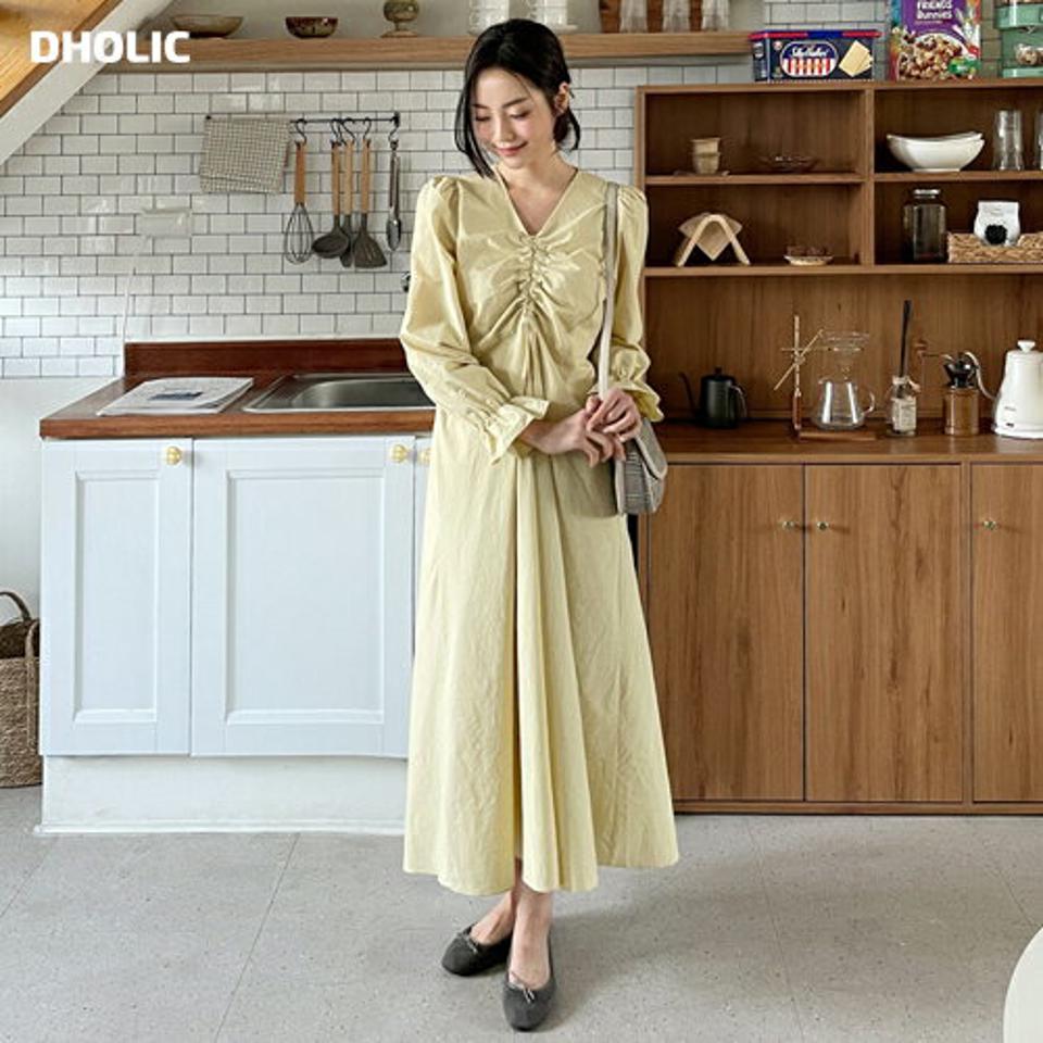 ドロストギャザーワンピース・全3色・t64898 レディース 【ops】【韓国 ファッション ワンピース ロング ロングワンピース カジュアル ギャザーワンピース Vネック ギャザー ストリング フェミニン 細身 体型カバー 秋 春】