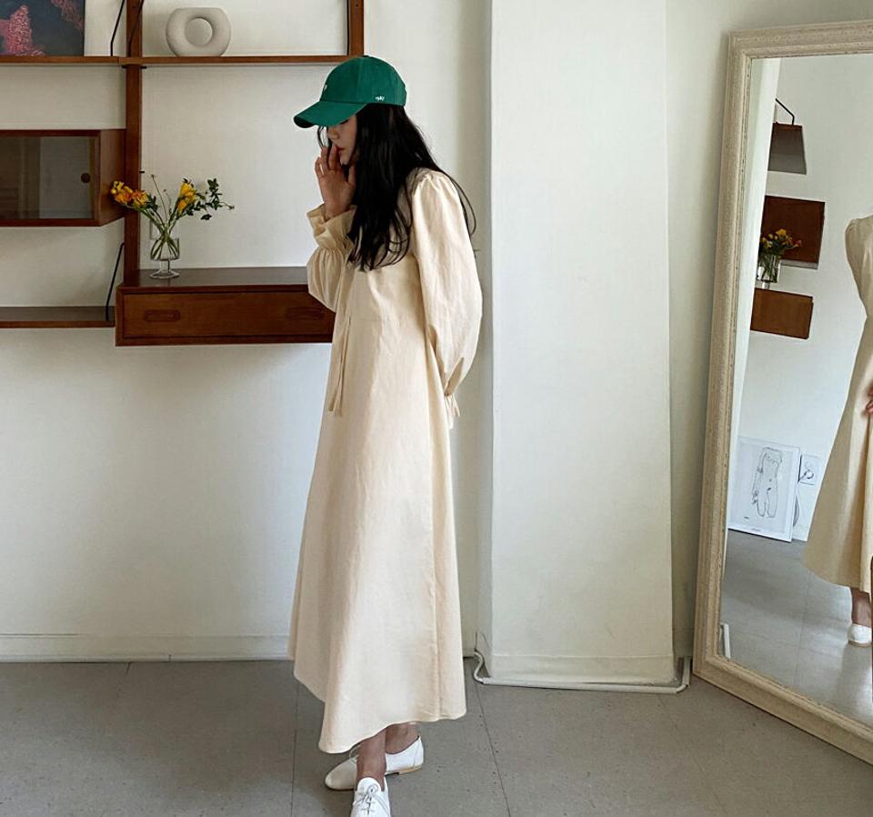 ドロストギャザーワンピース・全3色・t64898 レディース 【ops】【韓国 ファッション ワンピース ロング ロングワンピース カジュアル ギャザーワンピース Vネック ギャザー ストリング フェミニン 細身 体型カバー 秋 春】