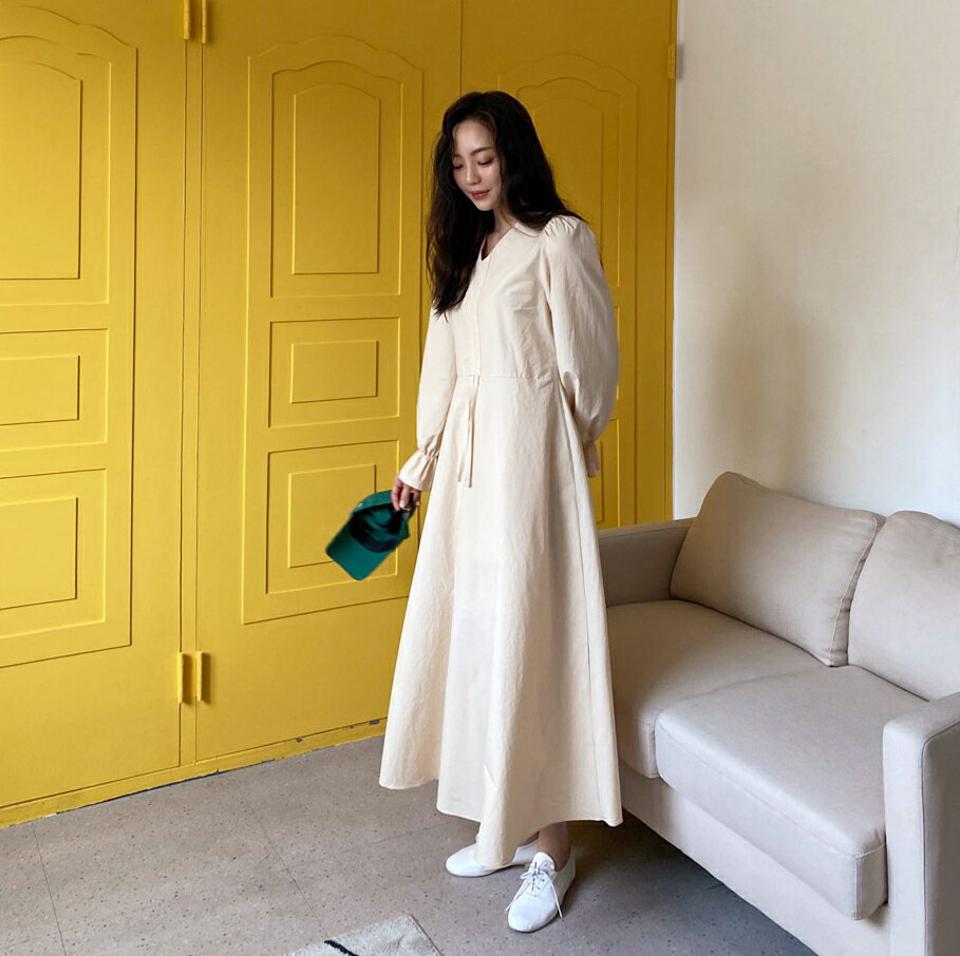 ドロストギャザーワンピース・全3色・t64898 レディース 【ops】【韓国 ファッション ワンピース ロング ロングワンピース カジュアル ギャザーワンピース Vネック ギャザー ストリング フェミニン 細身 体型カバー 秋 春】