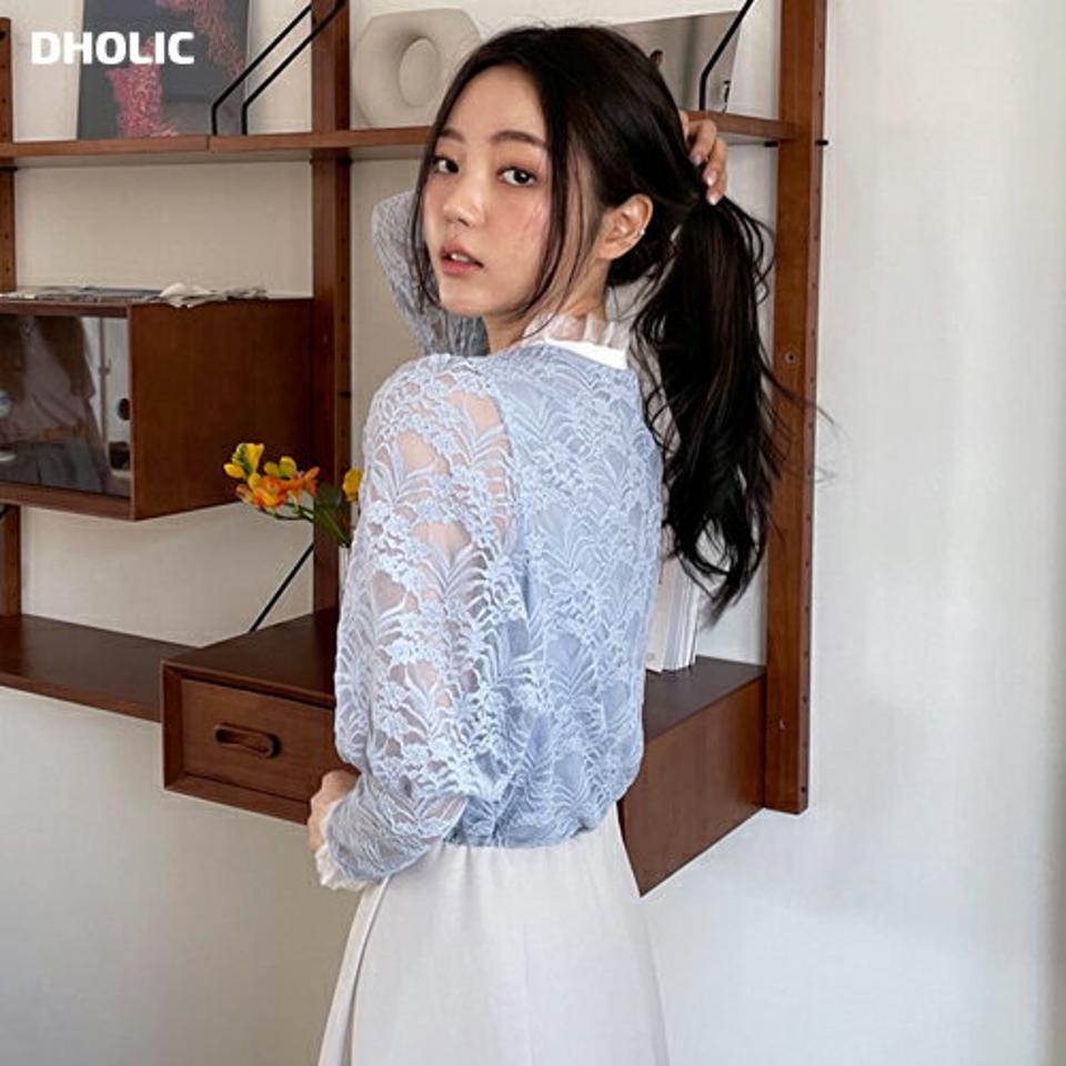 シアーフリルレースブラウス・全4色・b64895 レディース 【bl】【韓国 ファッション トップス ブラウス 長袖 上品 ハーフネック シアー フリル レース 配色 ボリューム フェミニン カジュアル デイリー 秋 春】