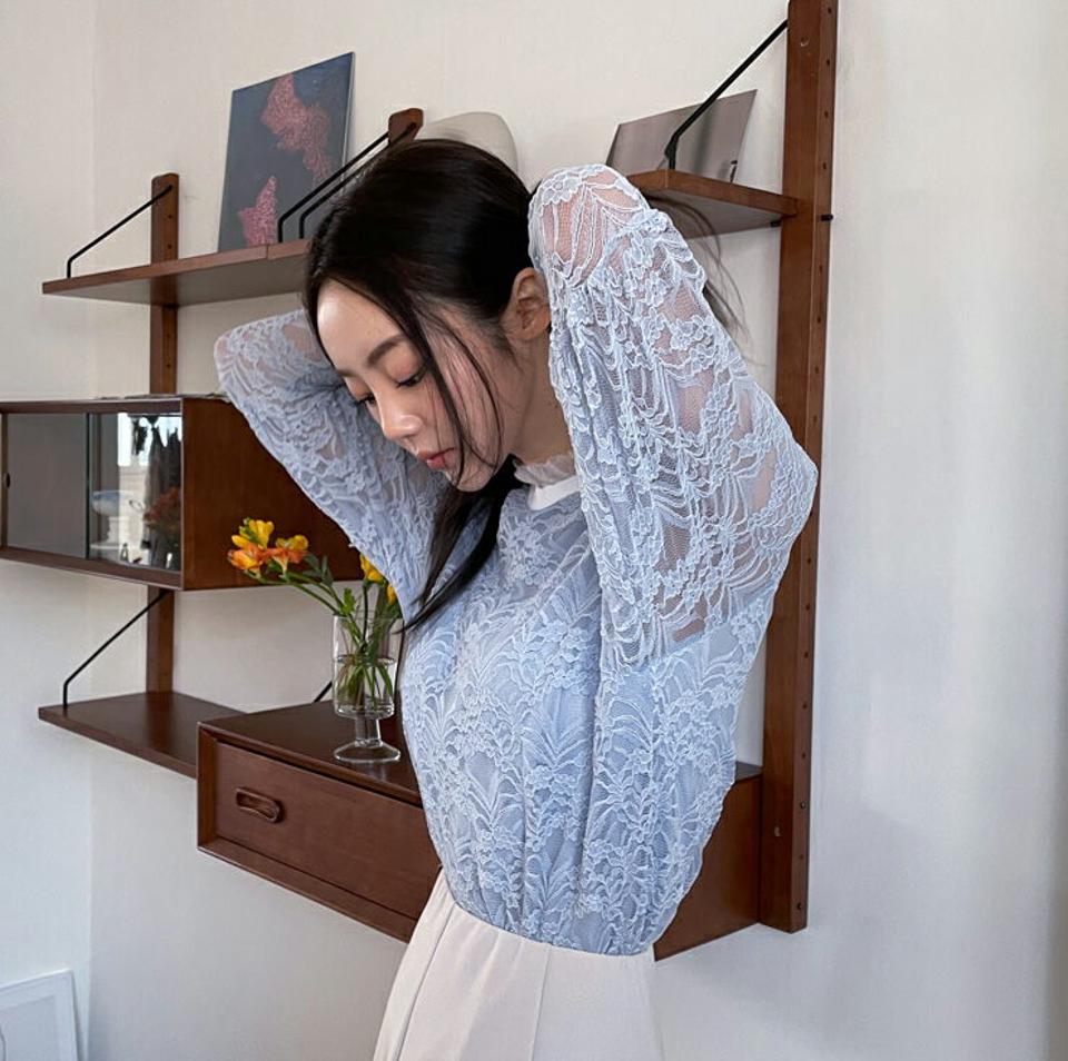 シアーフリルレースブラウス・全4色・b64895 レディース 【bl】【韓国 ファッション トップス ブラウス 長袖 上品 ハーフネック シアー フリル レース 配色 ボリューム フェミニン カジュアル デイリー 秋 春】