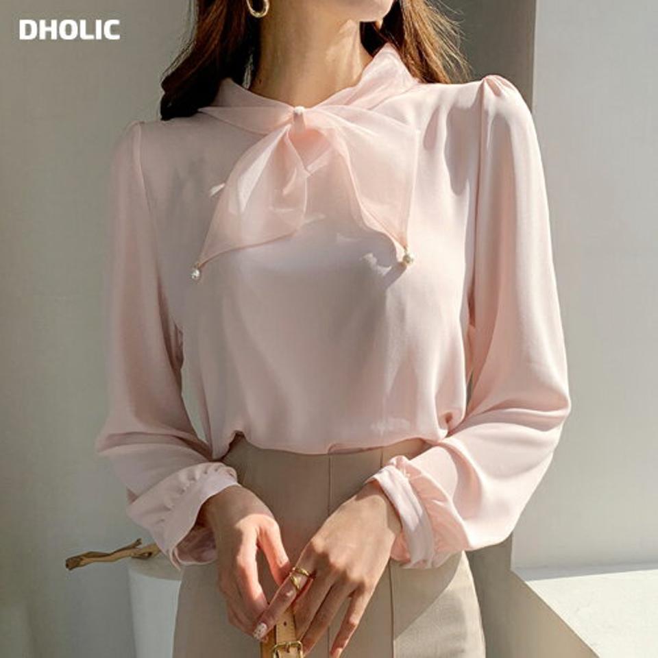 シフォンフェイクパールリボンブラウス・全4色・t67302 レディース 【bl】【トップス ブラウス 長袖 シフォン 透け感 シアー シースルー パール フェミニン 可愛い かわいい 単色 無地 シンプル 大人 春 秋 韓国 ファッション】【ハイホリHIHOLLI】