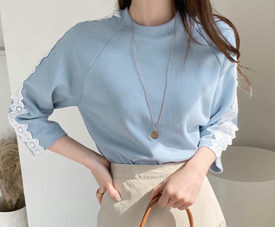 レースラインスリーブTシャツ・全3色・t67299 レディース 【tops】【トップス Tシャツ 七分丈 七分袖 7分袖 7分丈 レース 大人 フェミニン 可愛い かわいい カジュアル 春 秋 韓国 ファッション】【ハイホリHIHOLLI】