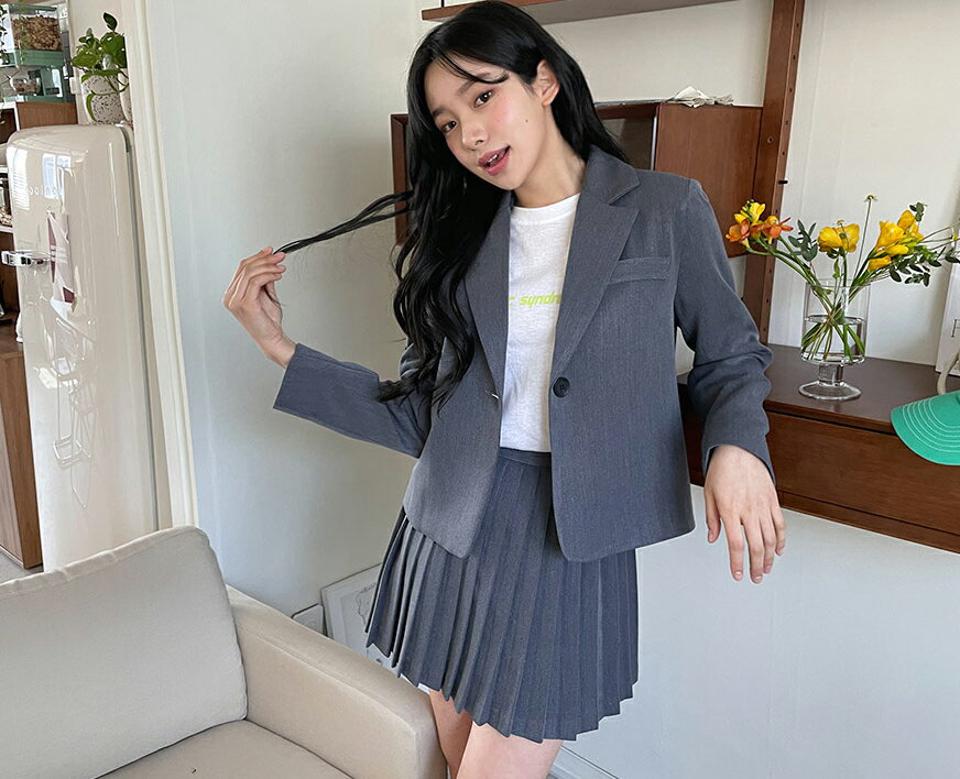 ワンボタンジャケット&プリーツミニスカートSET・全2色・t63474 レディース 【ops】【韓国 ファッション ワンピース ミニ ミニワンピース セットアップ カジュアル かわいい ジャケット ワンボタン スカート ミニスカート プリーツ ガーリー 秋 春】【NIJU】