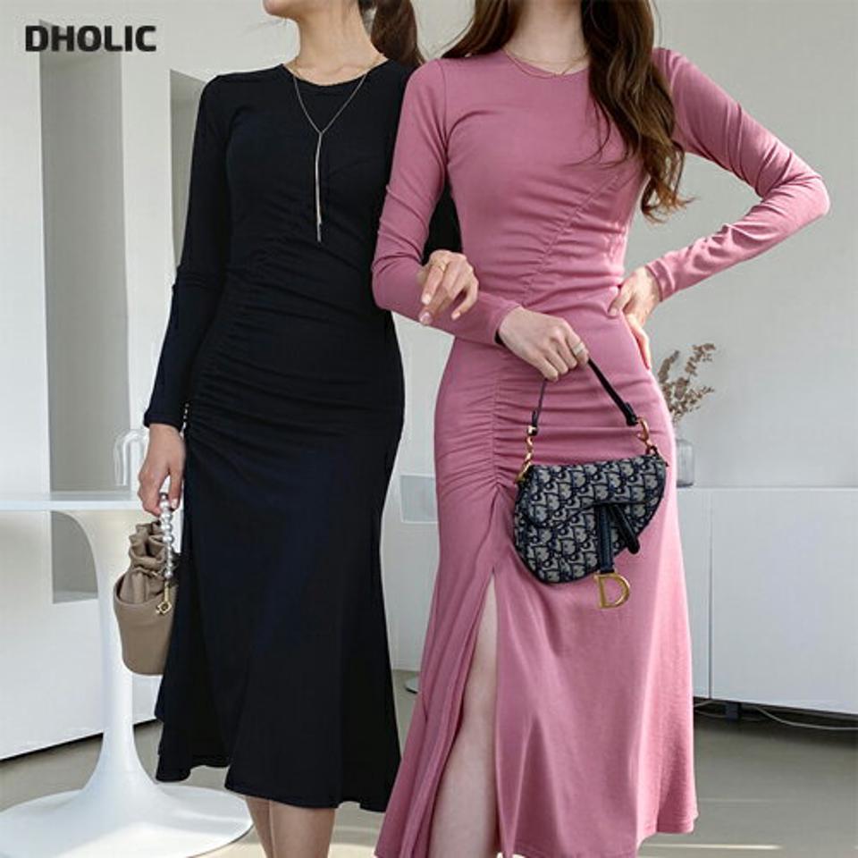 スリムギャザーワンピース・全3色・b67311 レディース 【ops】【ワンピース ミディ丈 ミディワンピース スリット 深スリット 長袖 ギャザー スリム タイト 大人 春 秋 韓国 ファッション】【ハイホリHIHOLLI】