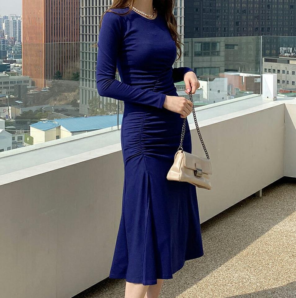 スリムギャザーワンピース・全3色・b67311 レディース 【ops】【ワンピース ミディ丈 ミディワンピース スリット 深スリット 長袖 ギャザー スリム タイト 大人 春 秋 韓国 ファッション】【ハイホリHIHOLLI】