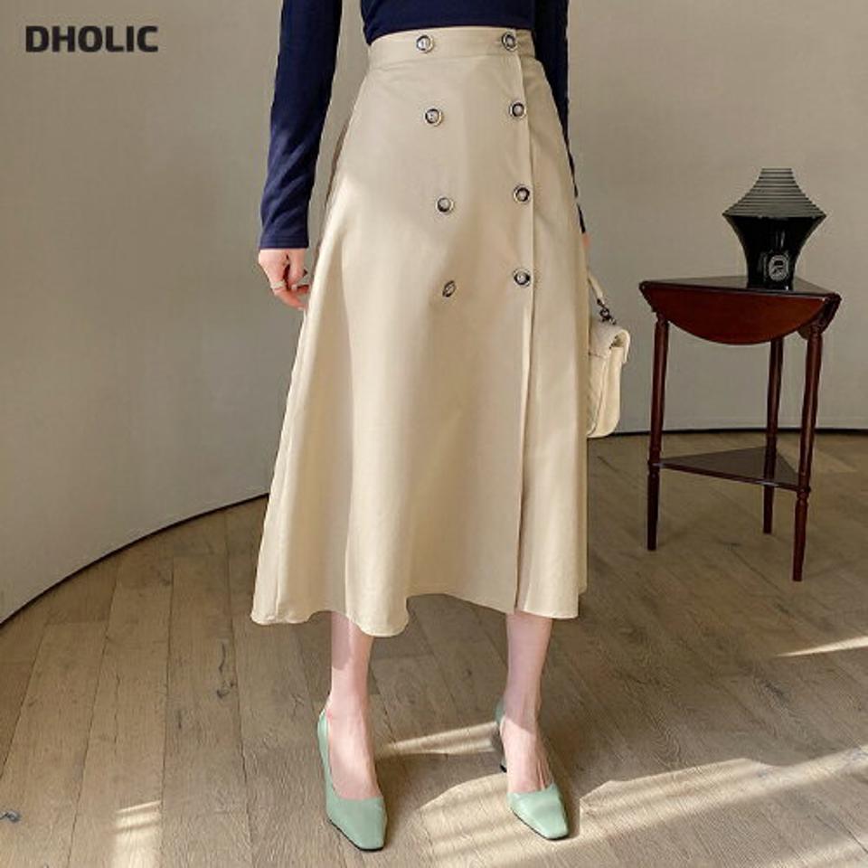 ダブルボタンフレアスカート・全3色・t67318 レディース 【sk】【スカート ロング ロングスカート フレア フレアスカート 単色 無地 シンプル 大人 コットン 綿 春 秋 韓国 ファッション】【ハイホリHIHOLLI】