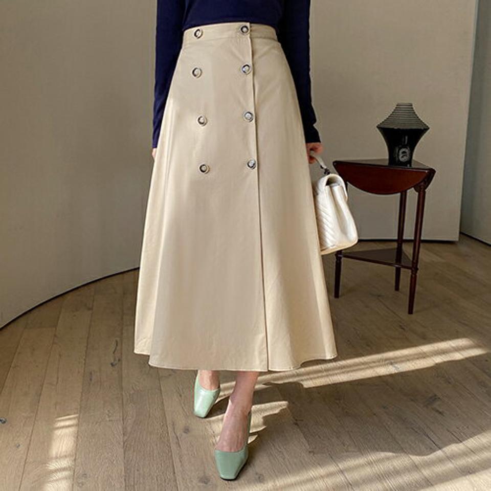 ダブルボタンフレアスカート・全3色・t67318 レディース 【sk】【スカート ロング ロングスカート フレア フレアスカート 単色 無地 シンプル 大人 コットン 綿 春 秋 韓国 ファッション】【ハイホリHIHOLLI】