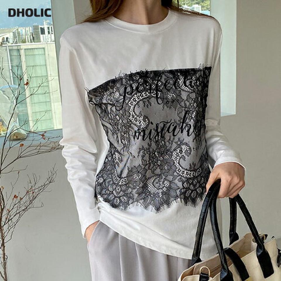 レースレタリングポイントTシャツ・全3色・b67307 レディース 【tops】【トップス Tシャツ 長袖 ロンT レース レタリング ロゴ ロゴトップス 可愛い かわいい フェミニン カジュアル 春 秋 韓国 ファッション】【ハイホリHIHOLLI】