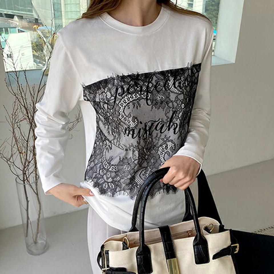 レースレタリングポイントTシャツ・全3色・b67307 レディース 【tops】【トップス Tシャツ 長袖 ロンT レース レタリング ロゴ ロゴトップス 可愛い かわいい フェミニン カジュアル 春 秋 韓国 ファッション】【ハイホリHIHOLLI】