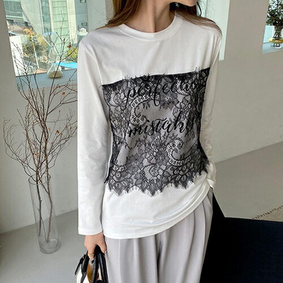 レースレタリングポイントTシャツ・全3色・b67307 レディース 【tops】【トップス Tシャツ 長袖 ロンT レース レタリング ロゴ ロゴトップス 可愛い かわいい フェミニン カジュアル 春 秋 韓国 ファッション】【ハイホリHIHOLLI】