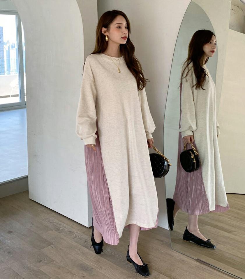 プリーツアンバランスワンピース・全3色・b67308 レディース 【ops】【ワンピース ロング ロングワンピース 長袖 アンバランス プリーツ プリーツワンピース 大人 フェミニン 春 秋 韓国 ファッション】【ハイホリHIHOLLI】