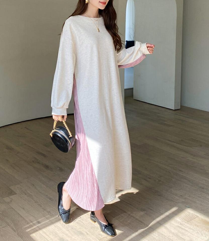 プリーツアンバランスワンピース・全3色・b67308 レディース 【ops】【ワンピース ロング ロングワンピース 長袖 アンバランス プリーツ プリーツワンピース 大人 フェミニン 春 秋 韓国 ファッション】【ハイホリHIHOLLI】