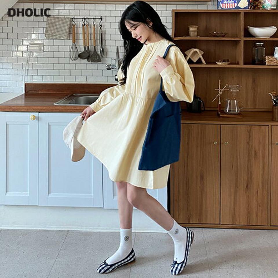 ピンタックミニワンピース・全2色・t63504 レディース 【ops】【韓国 ファッション ワンピース ミニ ミニワンピース カジュアル かわいい ラウンドネック ピンタック Aライン パフスリーブ ボリューム ガーリー スリム 体型カバー 秋 春】【NIJU】