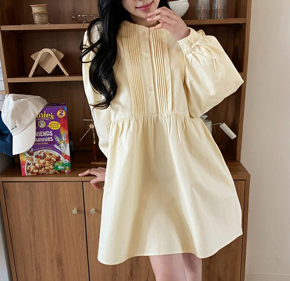 ピンタックミニワンピース・全2色・t63504 レディース 【ops】【韓国 ファッション ワンピース ミニ ミニワンピース カジュアル かわいい ラウンドネック ピンタック Aライン パフスリーブ ボリューム ガーリー スリム 体型カバー 秋 春】【NIJU】