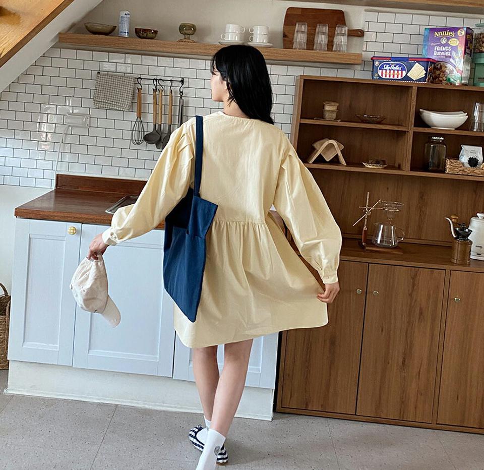 ピンタックミニワンピース・全2色・t63504 レディース 【ops】【韓国 ファッション ワンピース ミニ ミニワンピース カジュアル かわいい ラウンドネック ピンタック Aライン パフスリーブ ボリューム ガーリー スリム 体型カバー 秋 春】【NIJU】